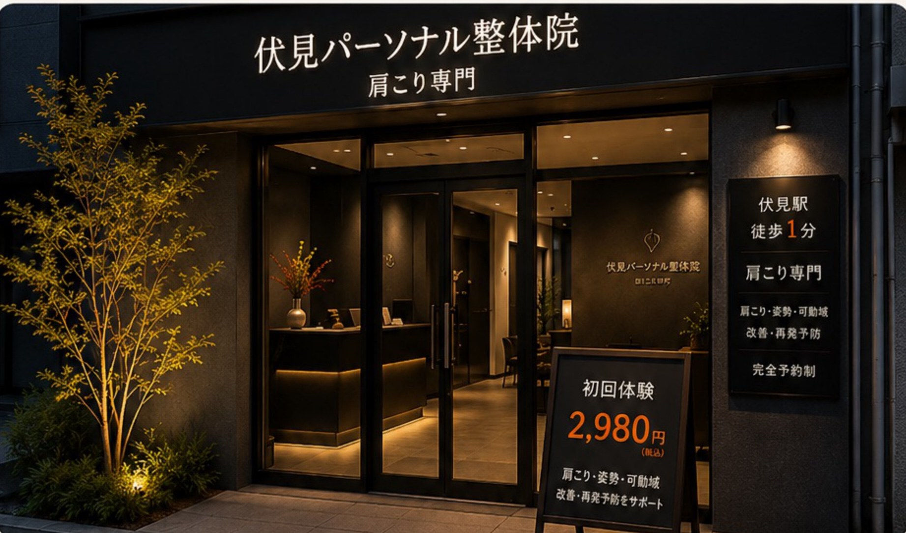 伏見パーソナル整体院の外観（夜）